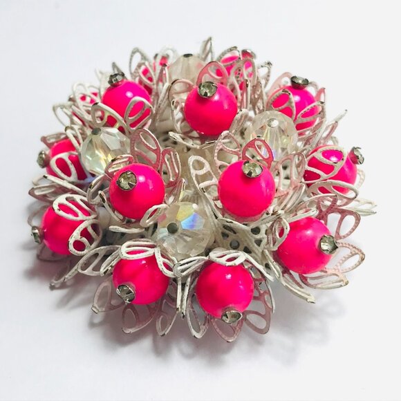 Vendome Jewelry - Vintage Vendome Pink Cluster Brooch Enamel Bead Rhinestone Signed 2.5" Estate